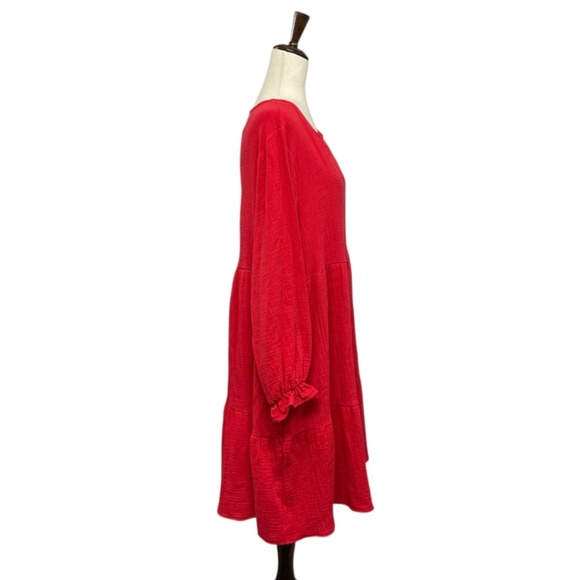 NWT Kaktus V-Neck Ruffle Cuff Tiered Red Gauze Dress Size L - Picture 5 of 9